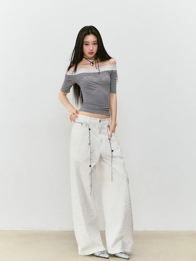 Rhinestone Wide-leg Denim Jeans VIA0328
