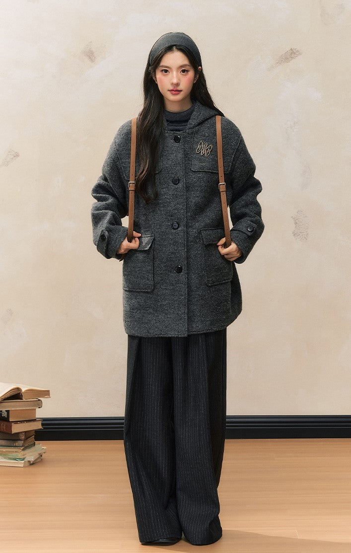 College Style Woolen Quilted Hooded Horn Button Coat SHI0088