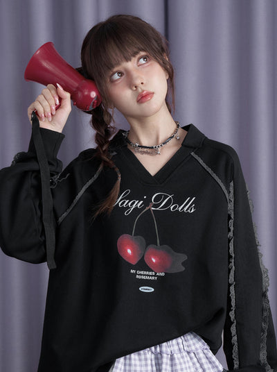 Melting Cherry Black Polo Collar Printed Long-sleeved Sweatshirt SAG0202