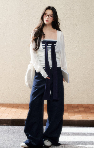 Navy High Waist Drape Pants SHI0195