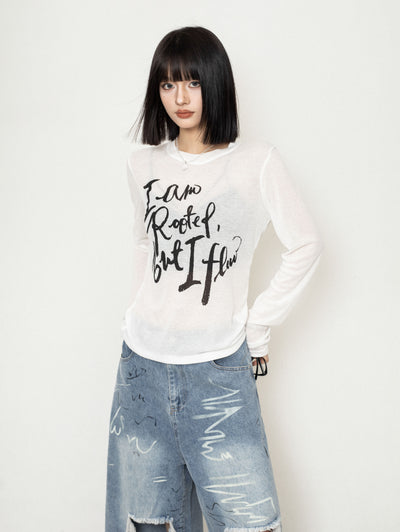 Lazy Style Letter Pullover Mesh Long Sleeves T-shirt ZER0232