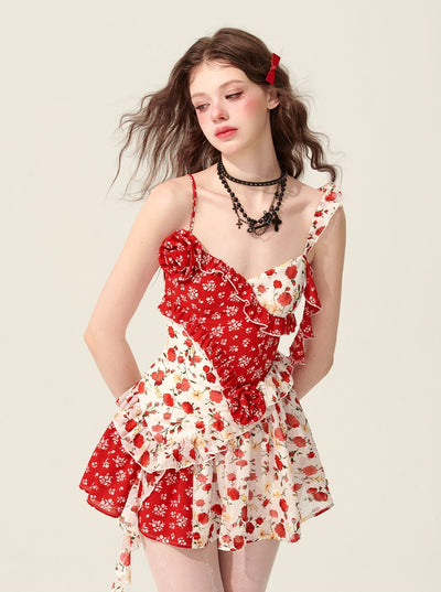 Rose Red Splicing Floral Suspender Dress DIA0167