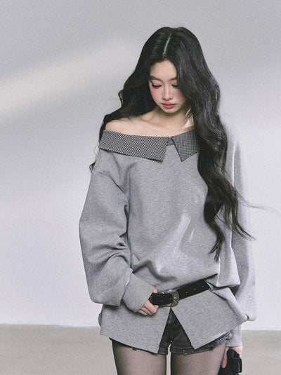 Oblique Shoulder Plaid Sweatshirt DIA0585