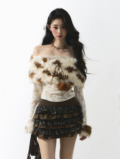 One Shoulder Long Sleeve Fur Tie-Dye Knitted Sweater DIA0250