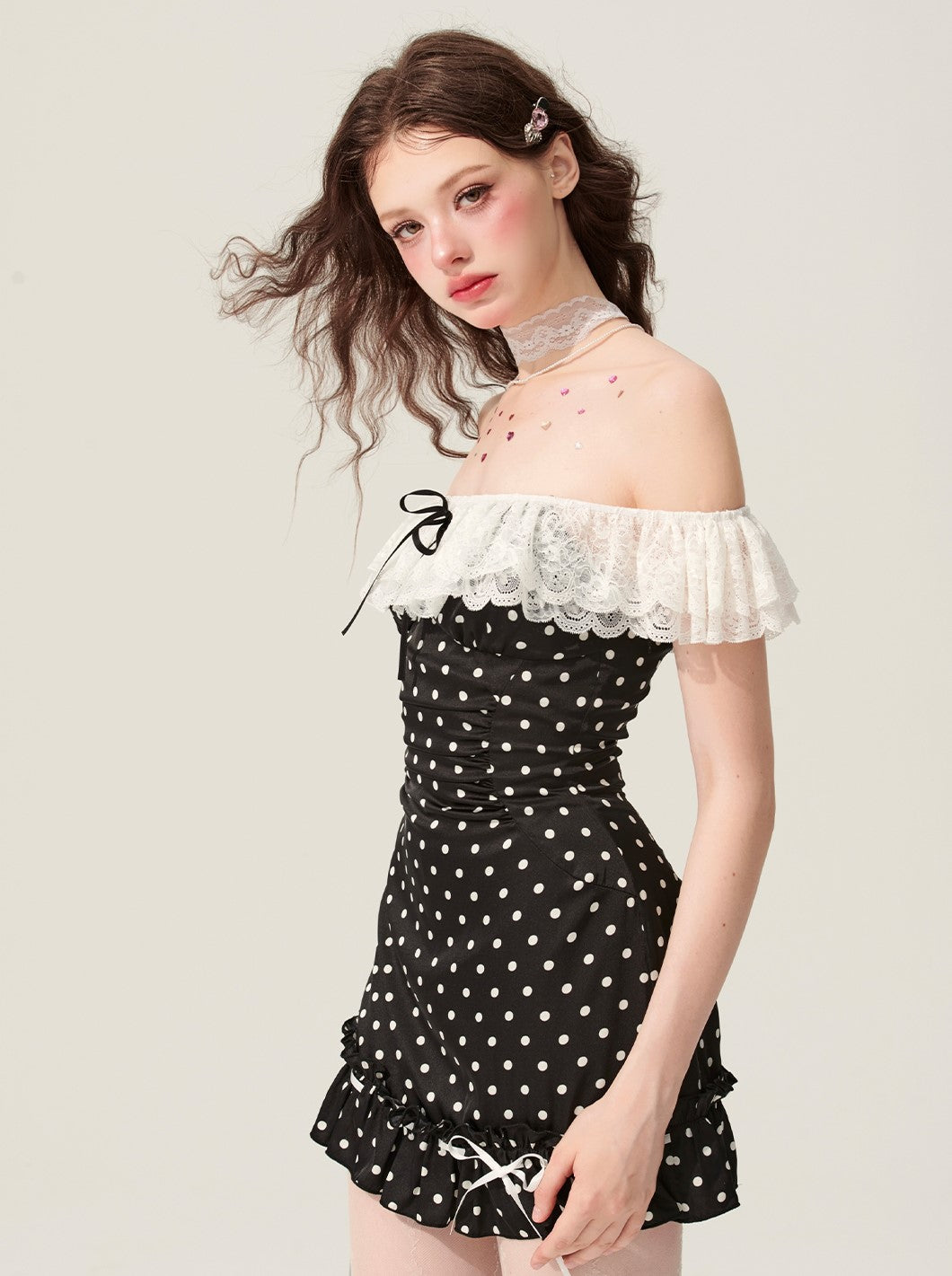 Black One-shoulder Polka Dot Dress DIA0176