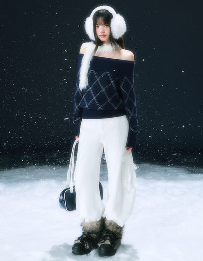 Off-Shoulder Diamond Pattern Sweater WEE0107