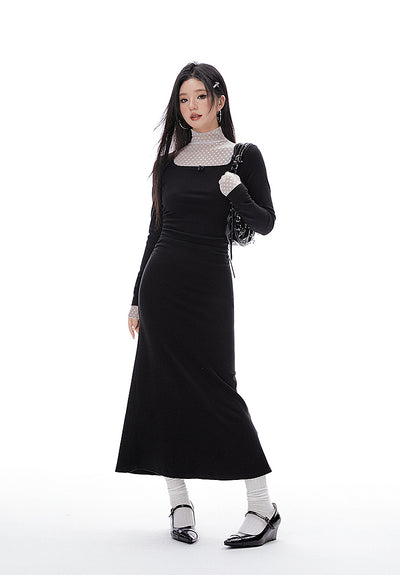 Fake Two-piece Pleated Waist Mesh Half-turtleneck Mermaid Tail Dress IMO0070