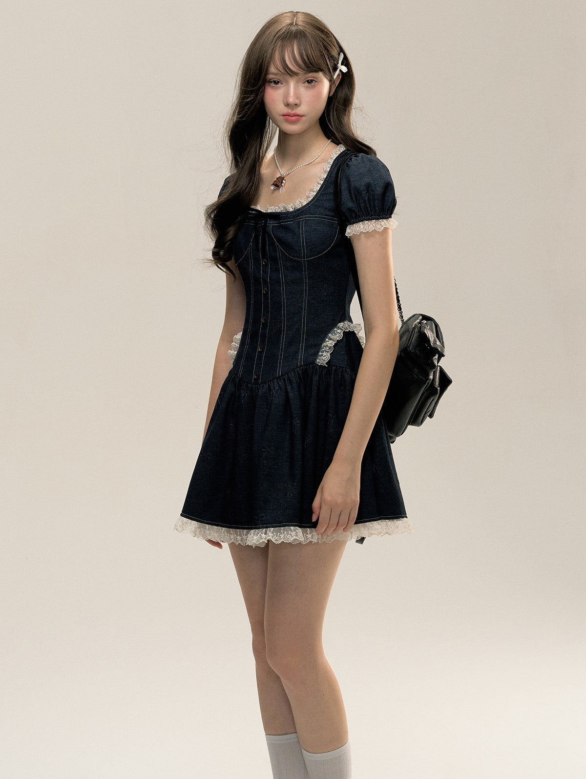 Denim Topstitch Square-neck Panelled Pleated Dress SUN0076