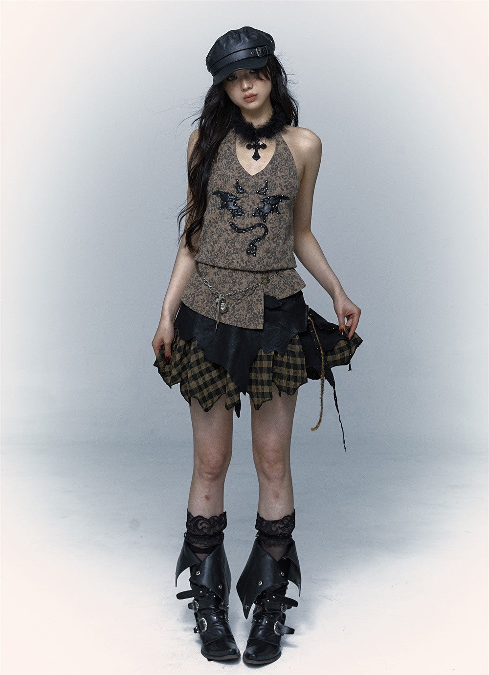 Punk Street Rock Embroidery Leopard Print Halter Vest NOR0067