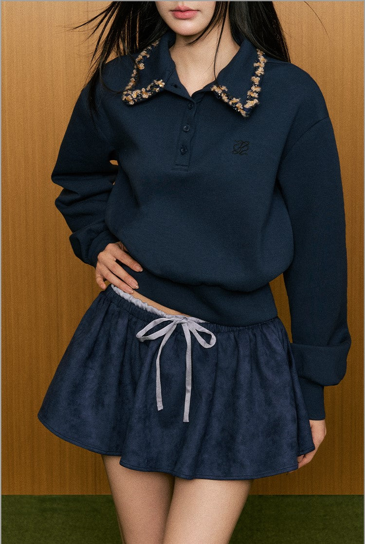 Loose-fitting Luxurious Braided Lapel POLO Sweatshirt/Skirt AGM0074