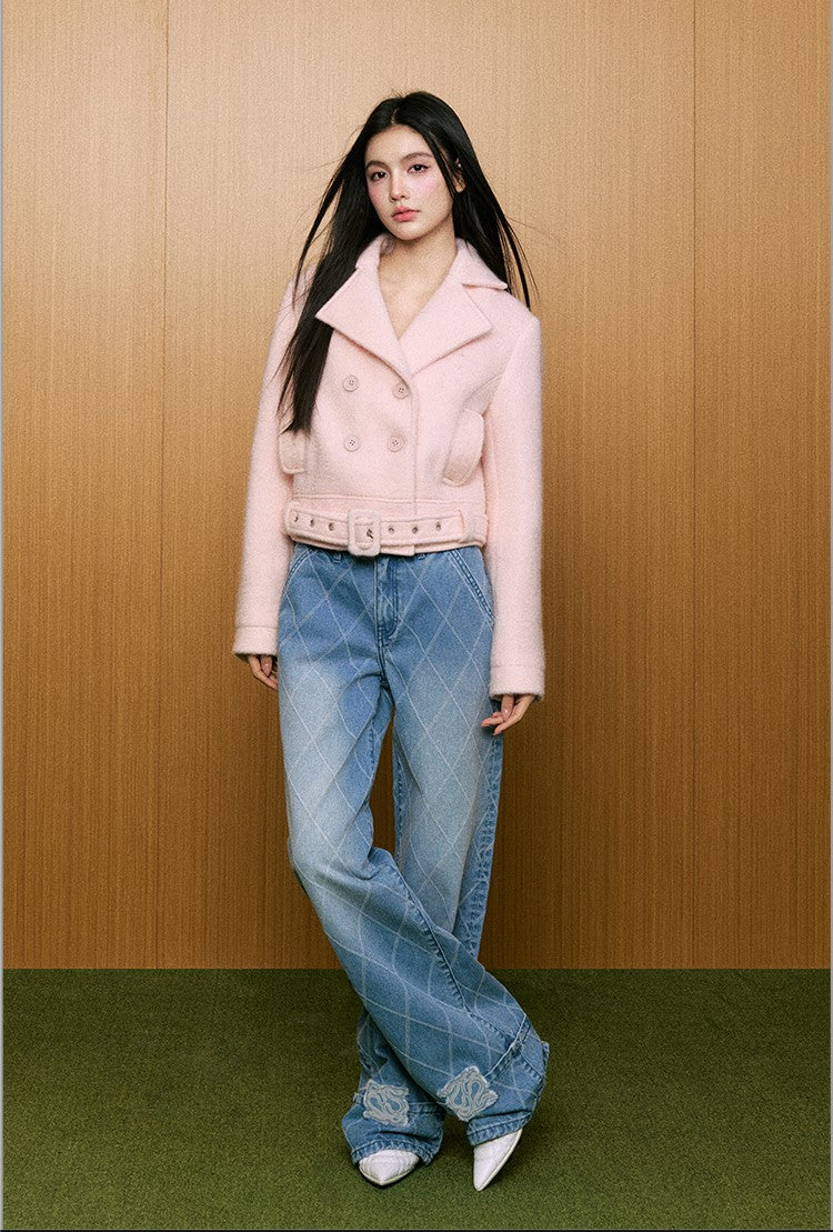 Fashionable High-end Pink Woolen Short Jacket AGM0086