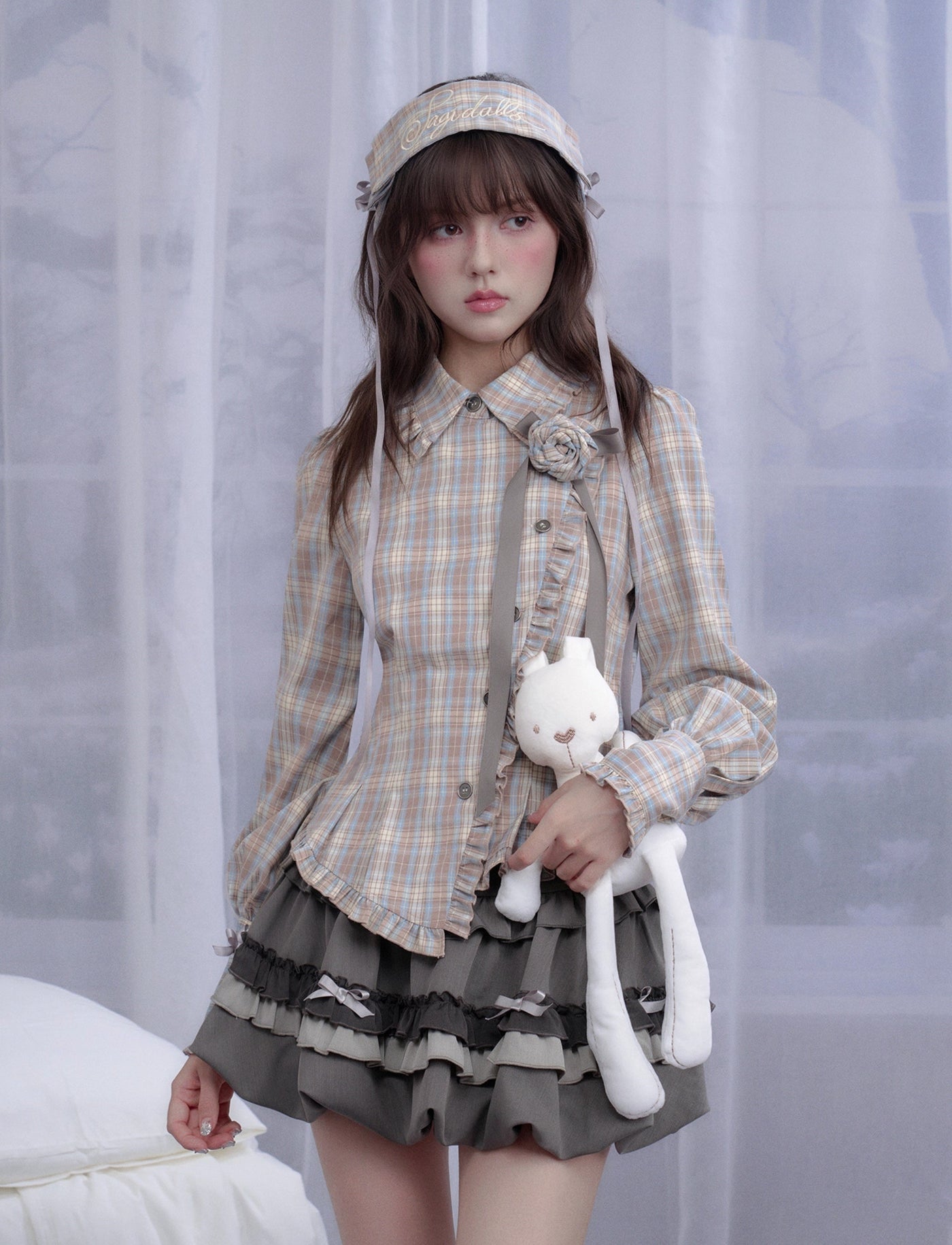 Plaid Rose Brooch Asymmetrical Shirt/Headband SAG0294