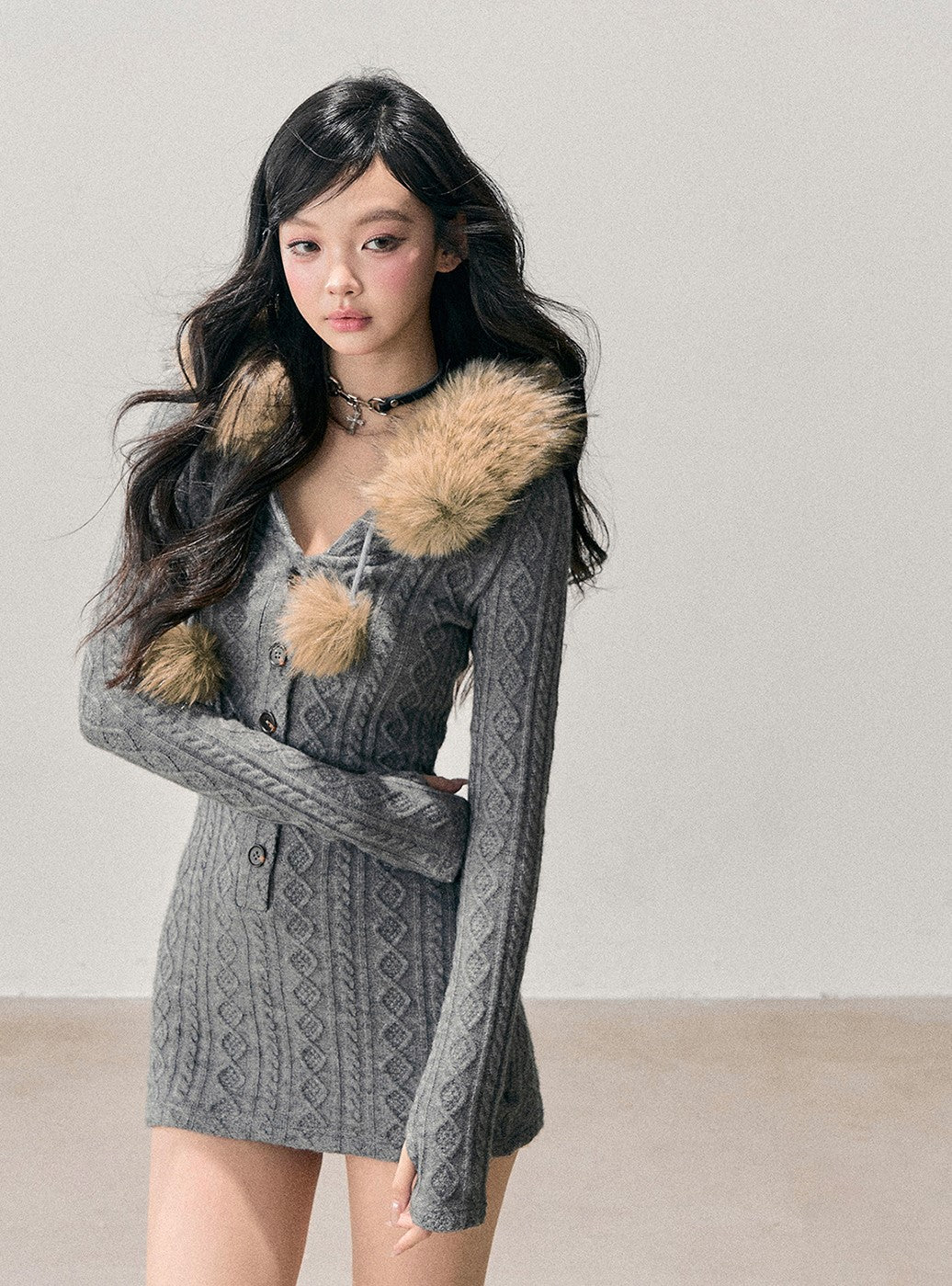 Detachable Fur Collar Sweater Dress DIA0707