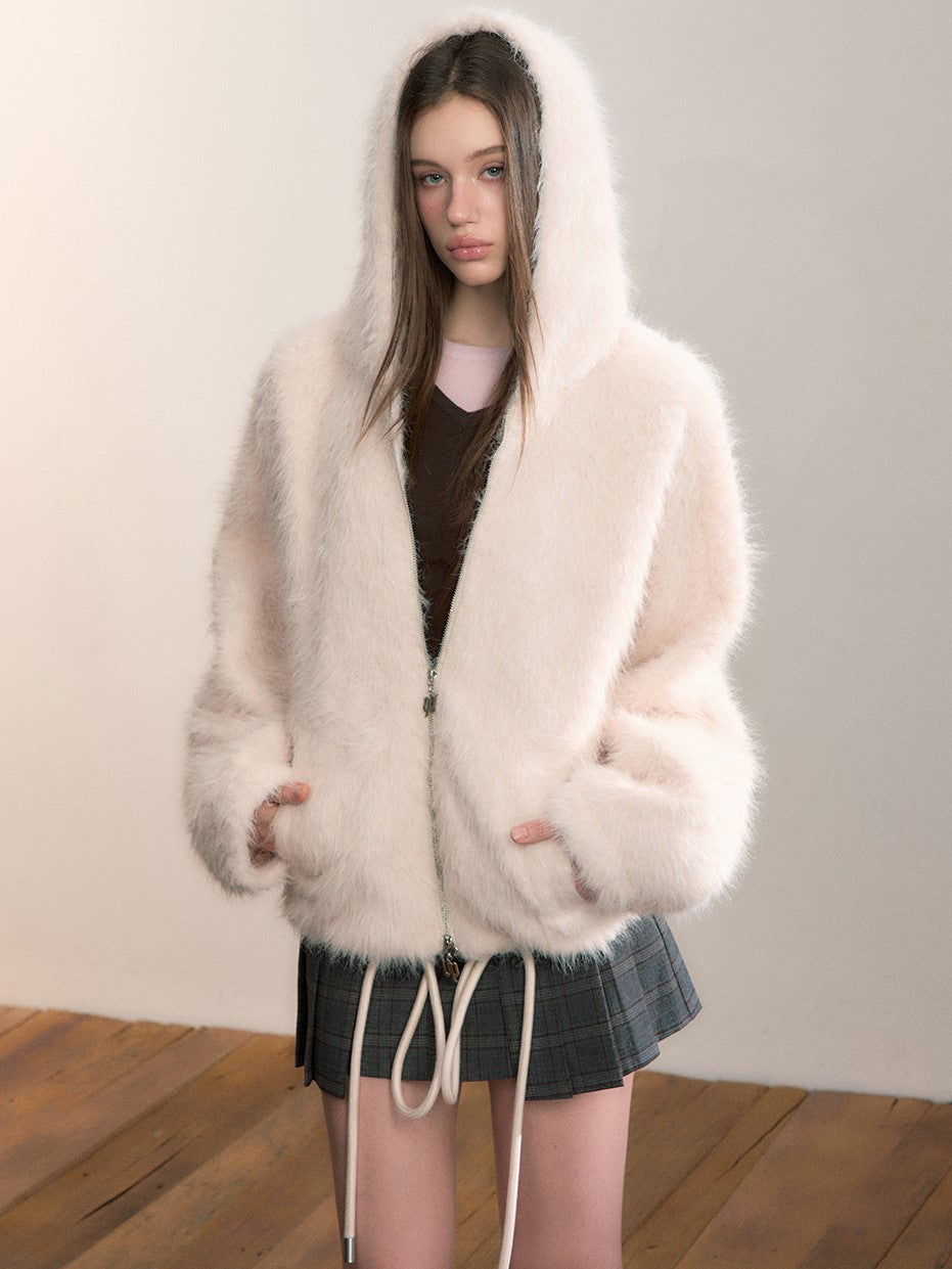 Fluffy Hooded Loose-fitting Plush Coat VIA0349
