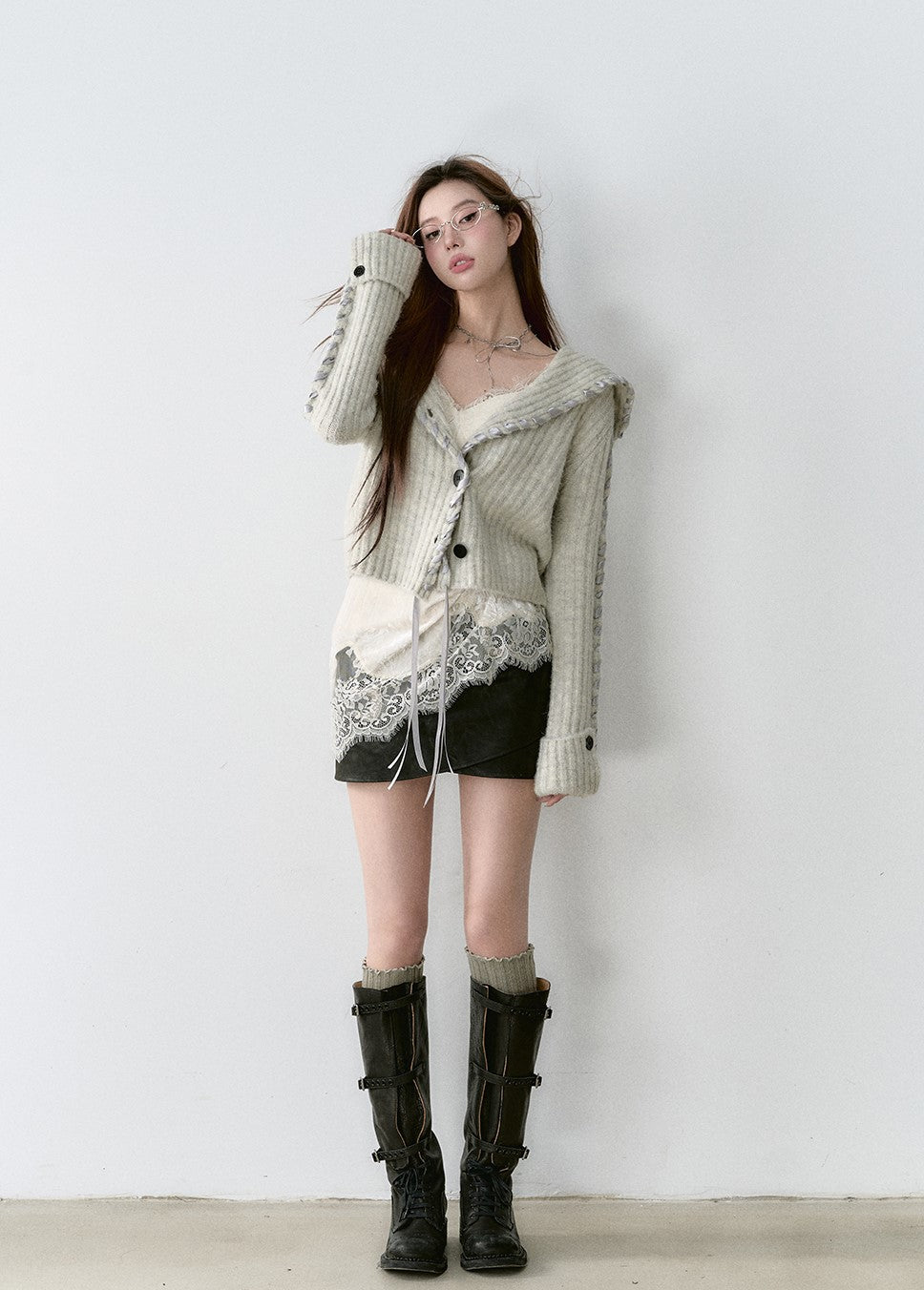 Ribbon Large Lapel Knitted Cardigan VIA0165