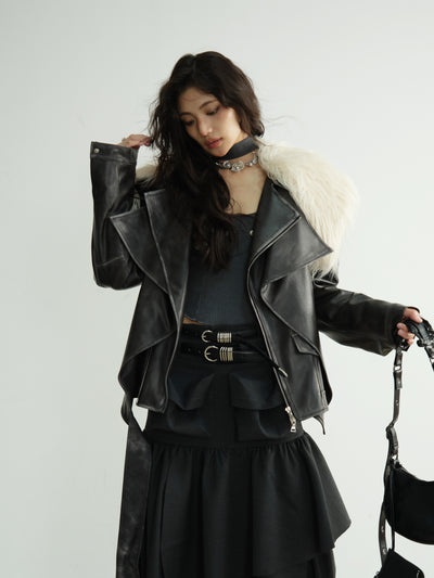 Dark Retro Rock Fur Collar Fake Two-piece Layered Rubbed Color Leather Jacket JNY0192