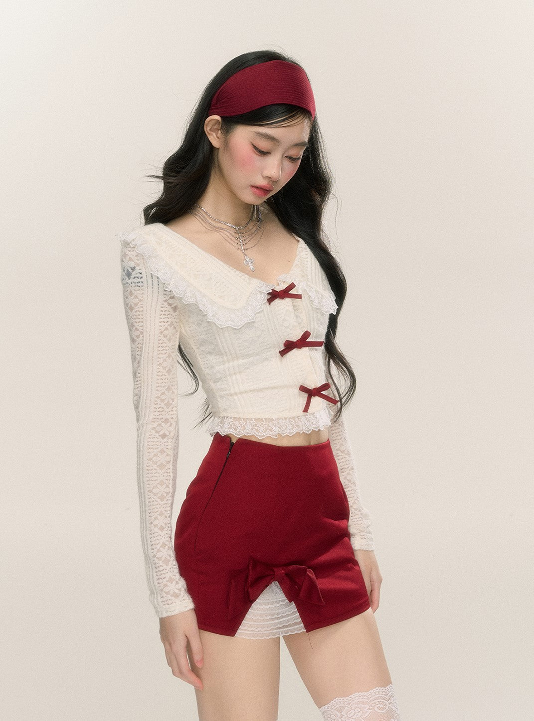 Sweetheart Doll Collar Lace Long Sleeve Thin Shirt/Red Skirt DIA0220