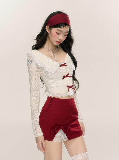 Sweetheart Doll Collar Lace Long Sleeve Thin Shirt/Red Skirt DIA0220