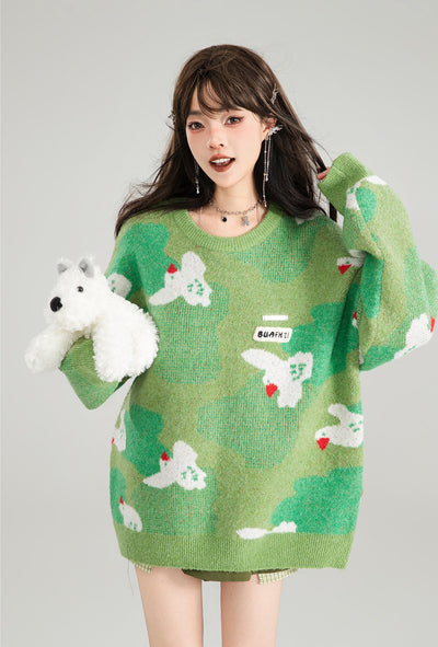 Chick Jacquard Lazy Style Green Sweater KEI0177