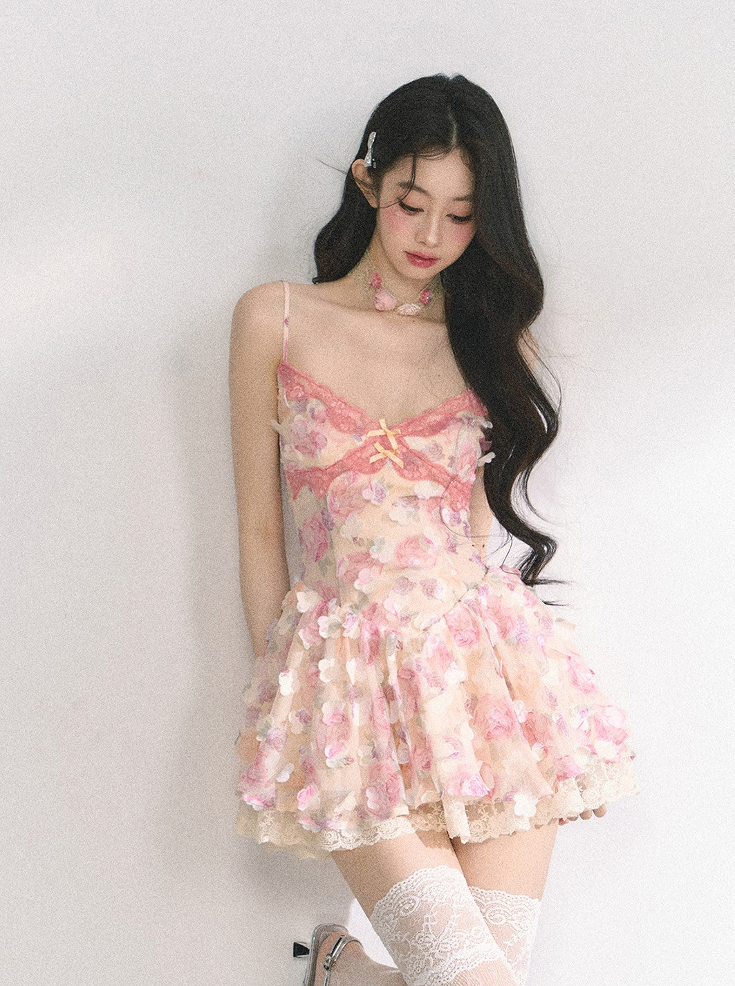 Lace Floral Suspender Puffy Dress DIA0445