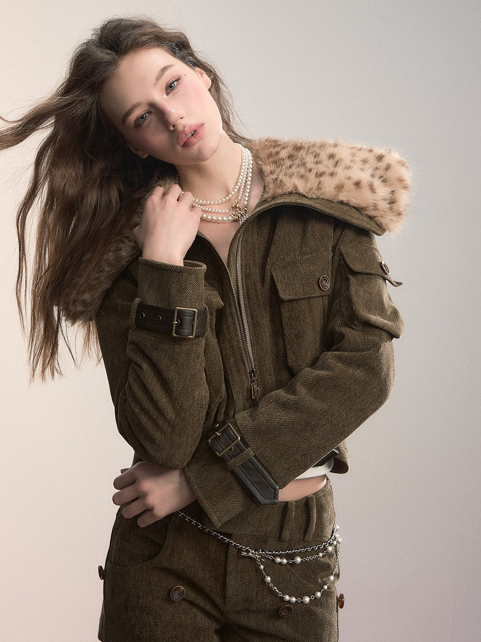 Leopard Print Large Fur Collar Jacket VIA0363