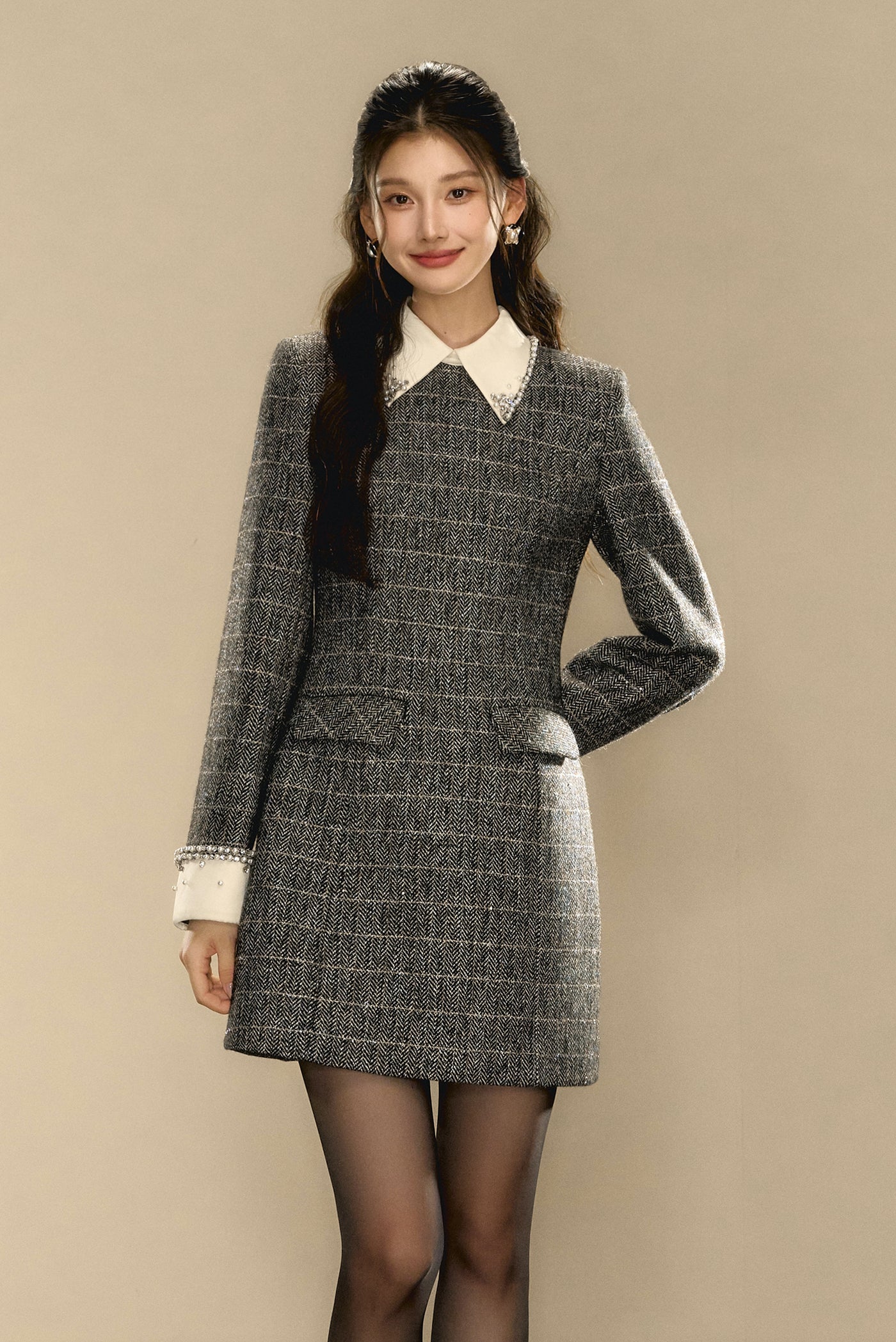 Check Wool Small Fragrance Waist Slim A-line Dress OSH0094