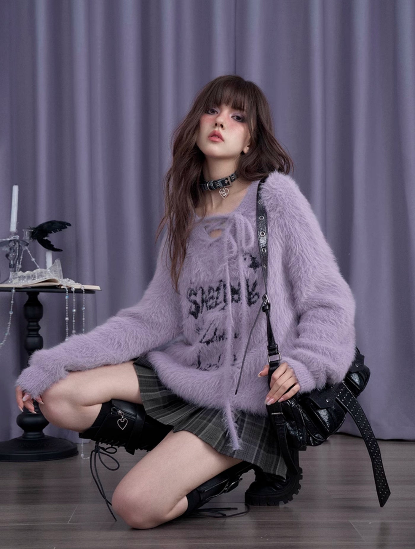 Fluffy Purple Rabbit V-neck Imitation Mink Loose Sweater SAG0198