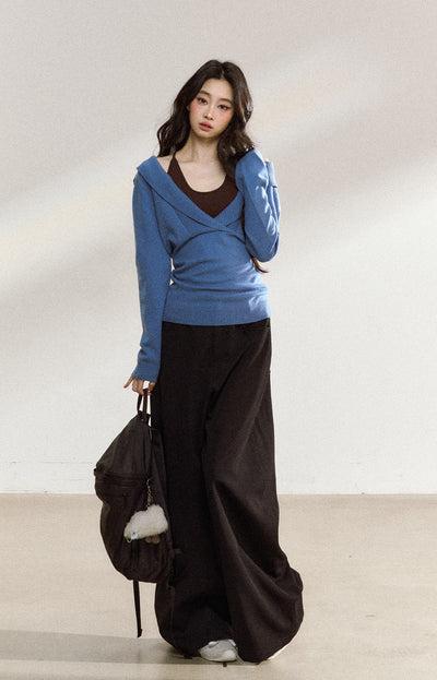 Blue V-neck Loose Sweater SHI0221