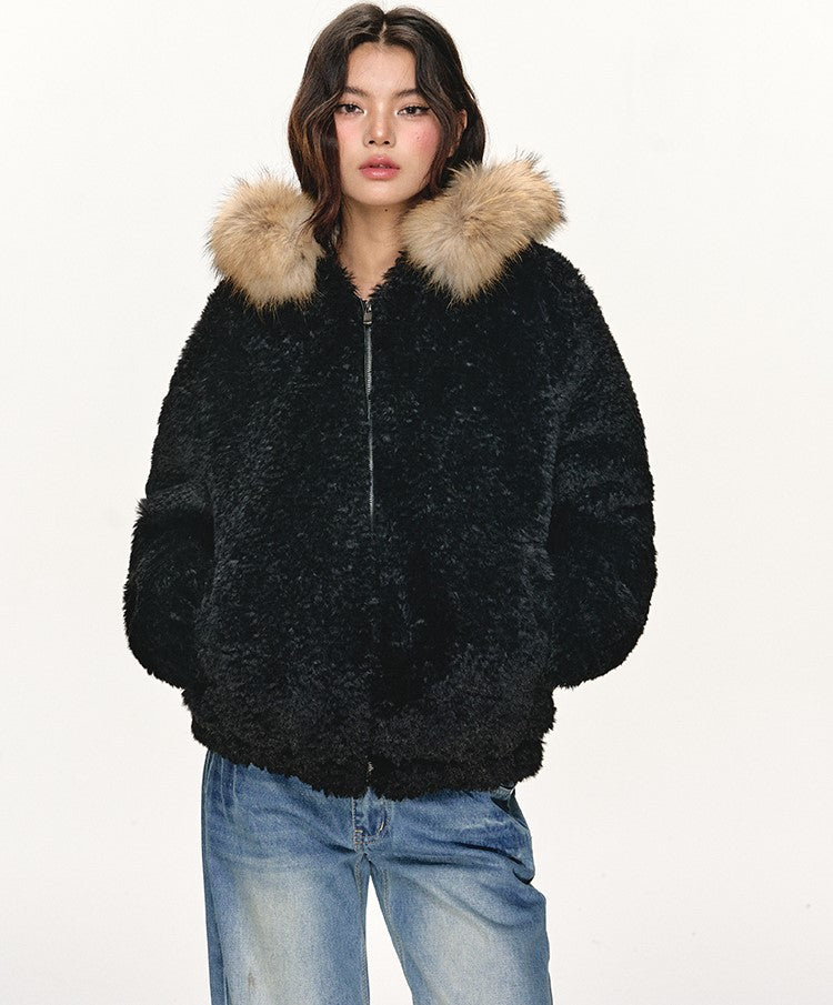 Fur Collar Black Hooded Jacket ANA0108