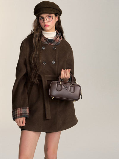 Retro Double-breasted Mid-length Coffee-colored Woolen Coat QDQ0085