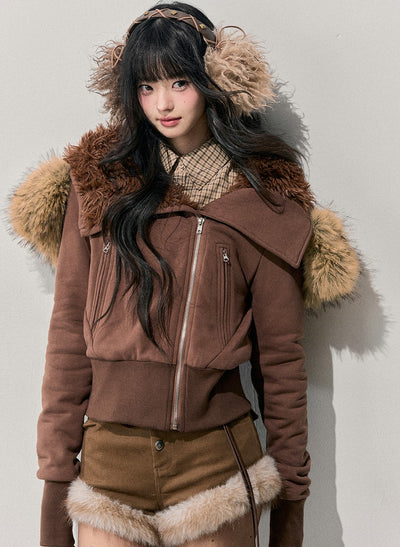 Brown Detachable Shearling Collar Jacket DIA0752