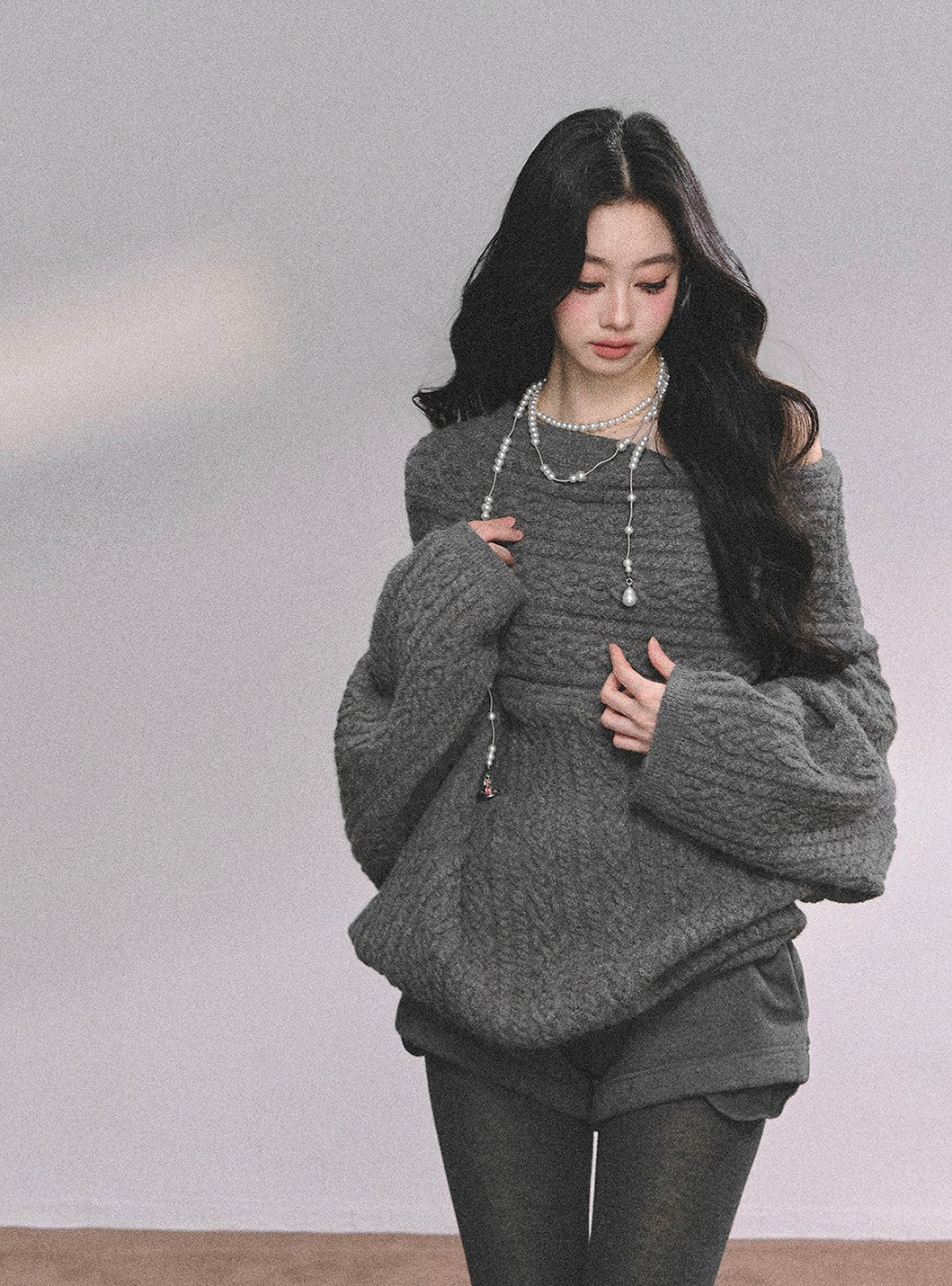 American One Shoulder Cable Sweater DIA0619