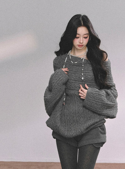 American One Shoulder Cable Sweater DIA0619