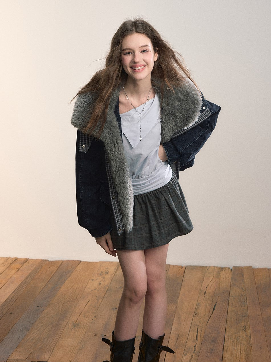 Velvet Denim Large Fur Collar Jacket VIA0362