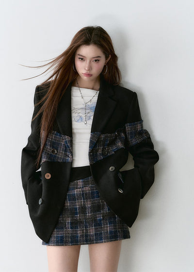 Plaid Stitching Design Mid-length High-end Wool Jacket VIA0161