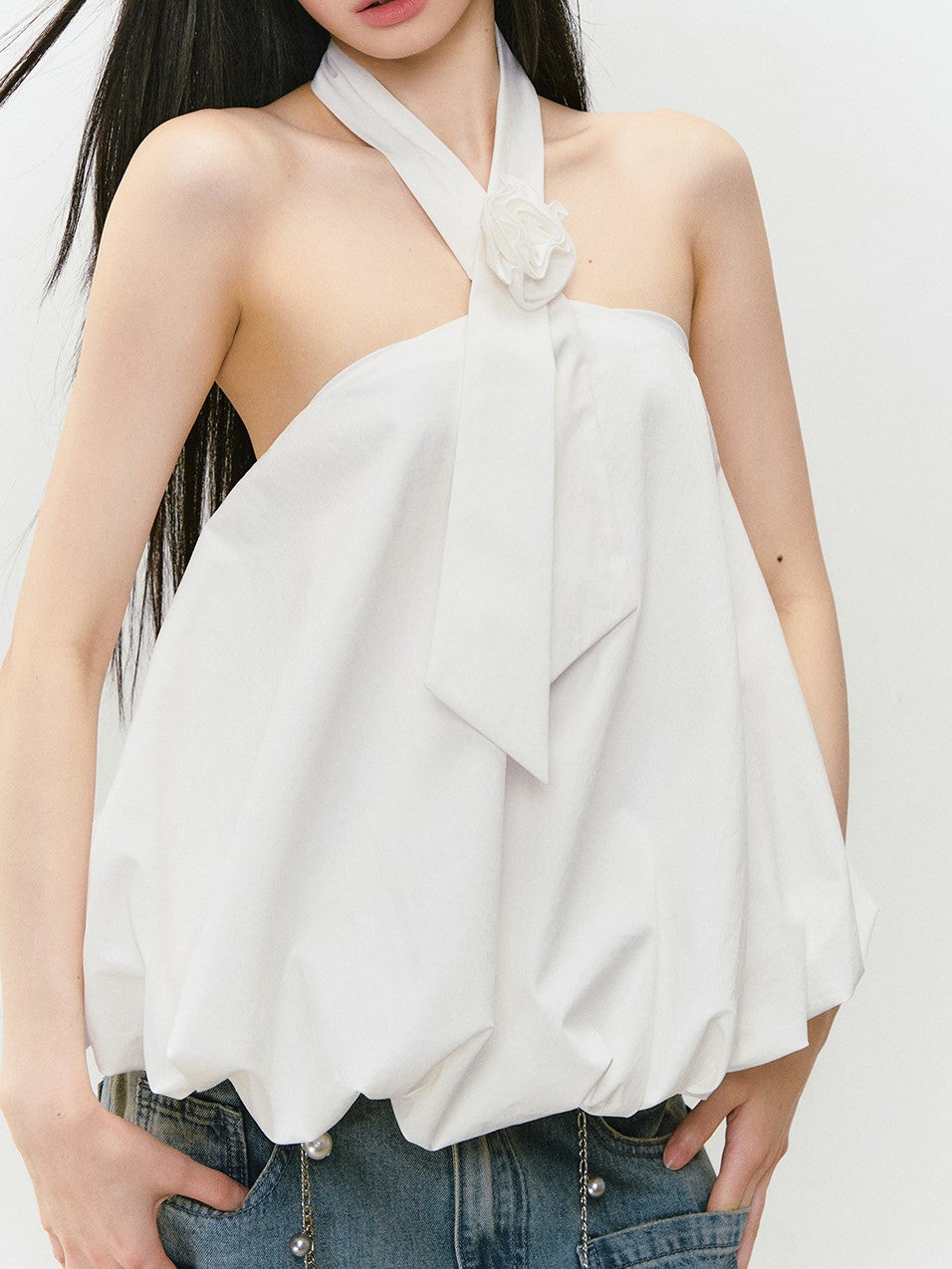 Rose Tie Fluffy Halter Neck Top VIA0301