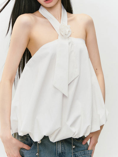 Rose Tie Fluffy Halter Neck Top VIA0301