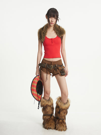 Brown Raw Edge Denim Shorts UNC0253