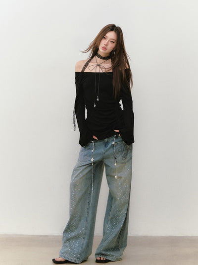 One-shoulder Backless Beaded T-shirt VIA0281