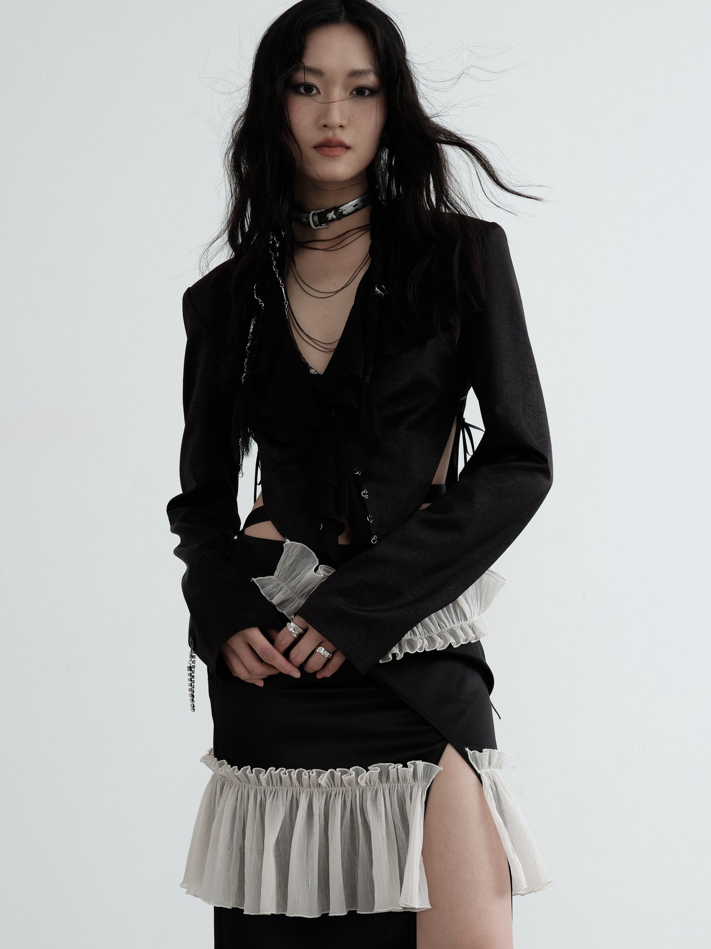 Vintage Dark Waistless Pleated Textured Satin Short Jacket JNY0139