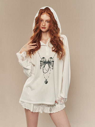 White Splicing Lace Slim Hoodie DIA0207