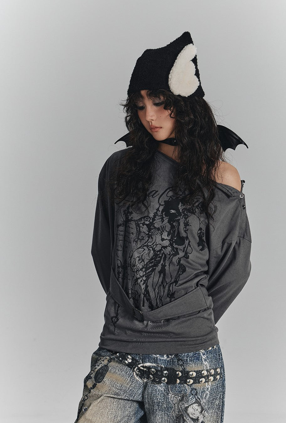 Print One Shoulder Loose T-shirt KIN0134