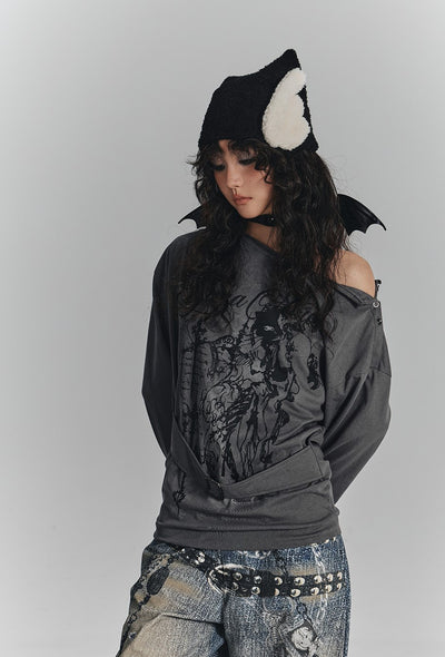 Print One Shoulder Loose T-shirt KIN0134