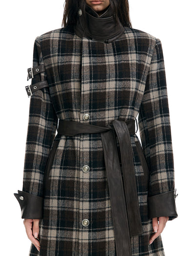 Plaid Leather Slim Mid-Length Long Coat WES0209