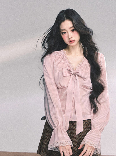 High-end French Lace Striped Shirt DIA0629