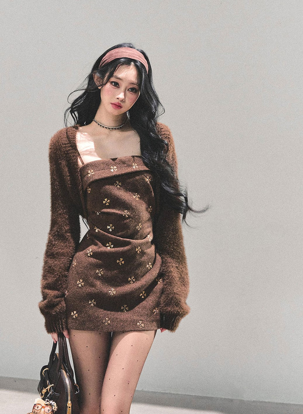 Brown French-style Camisole Dress/Short Cardigan DIA0660