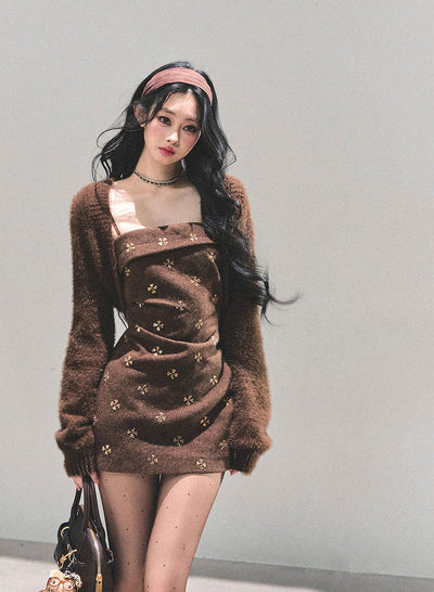 Brown French-style Camisole Dress/Short Cardigan DIA0660