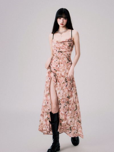 Apricot Pink Floral Swing Collar Backless Suspender Dress LUL0060