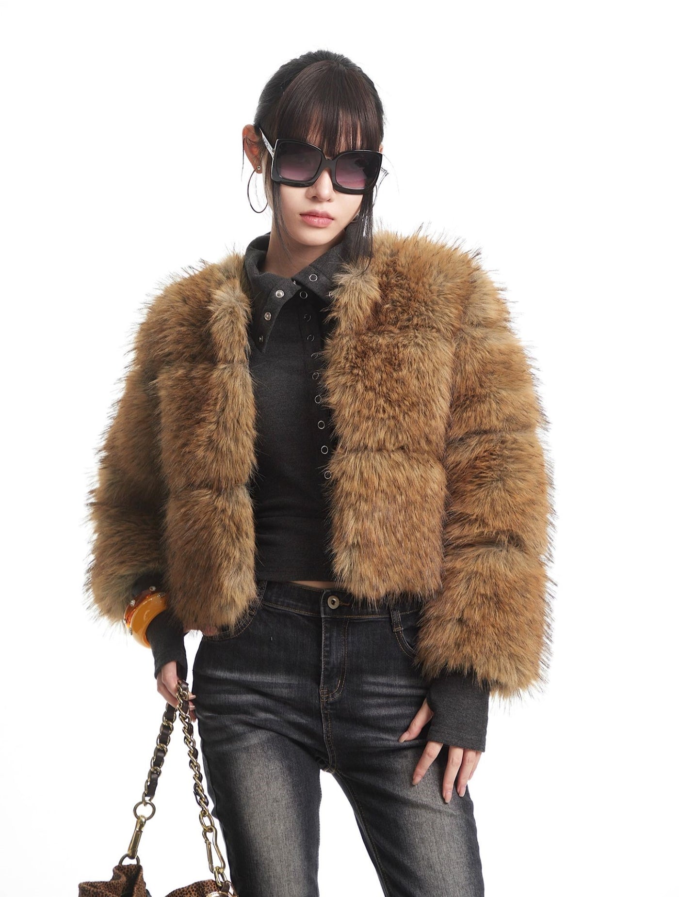 Brown Short Faux Fur Fluffy Coat UNC0332