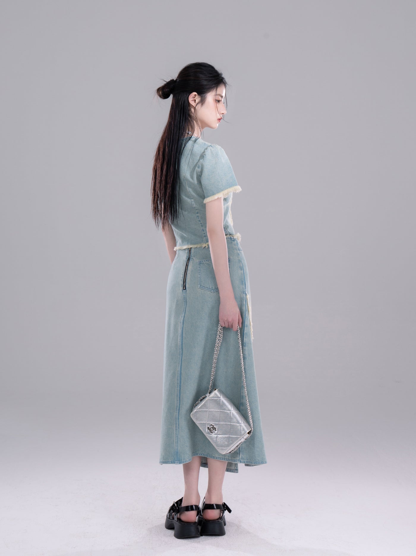 Raw-edge Denim Top/Slit Skirt COT0266